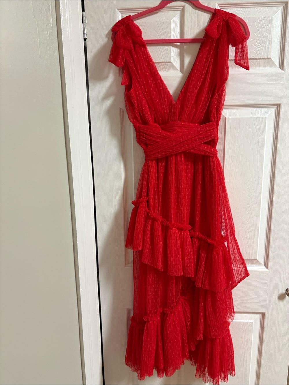 Vici Red Ruffled V-Neck Midi Dress